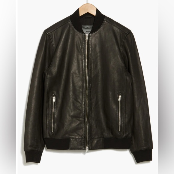 All Saints Niko Black Leather Bomber Jacket Sz L